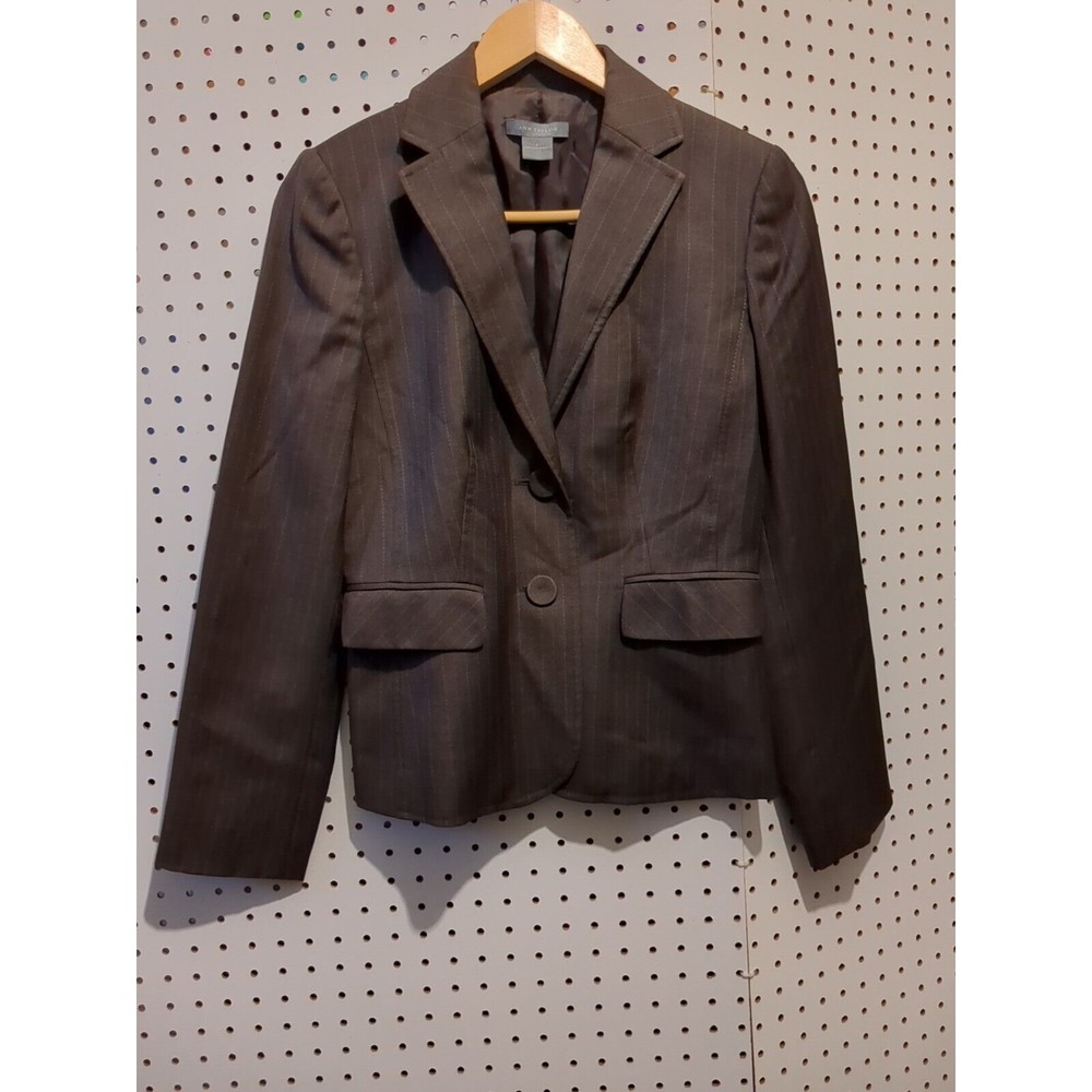 Ann Taylor Women's Wool Brown Button Size2 Career Jacket Blazer PinStripe Pocket